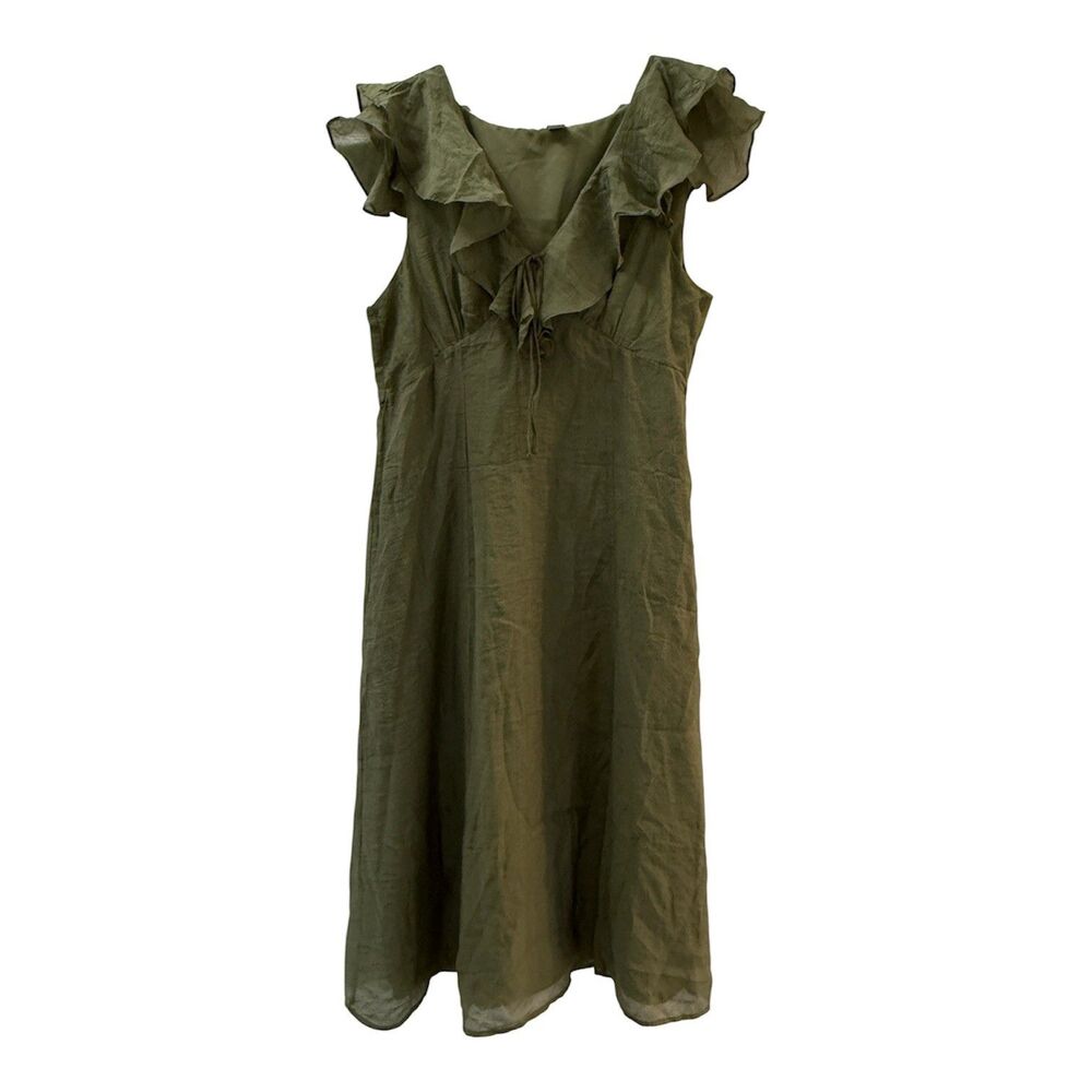 Old Navy Olive Green Ruffle V-Neck Midi Dress Textured Sleeveless Size Large